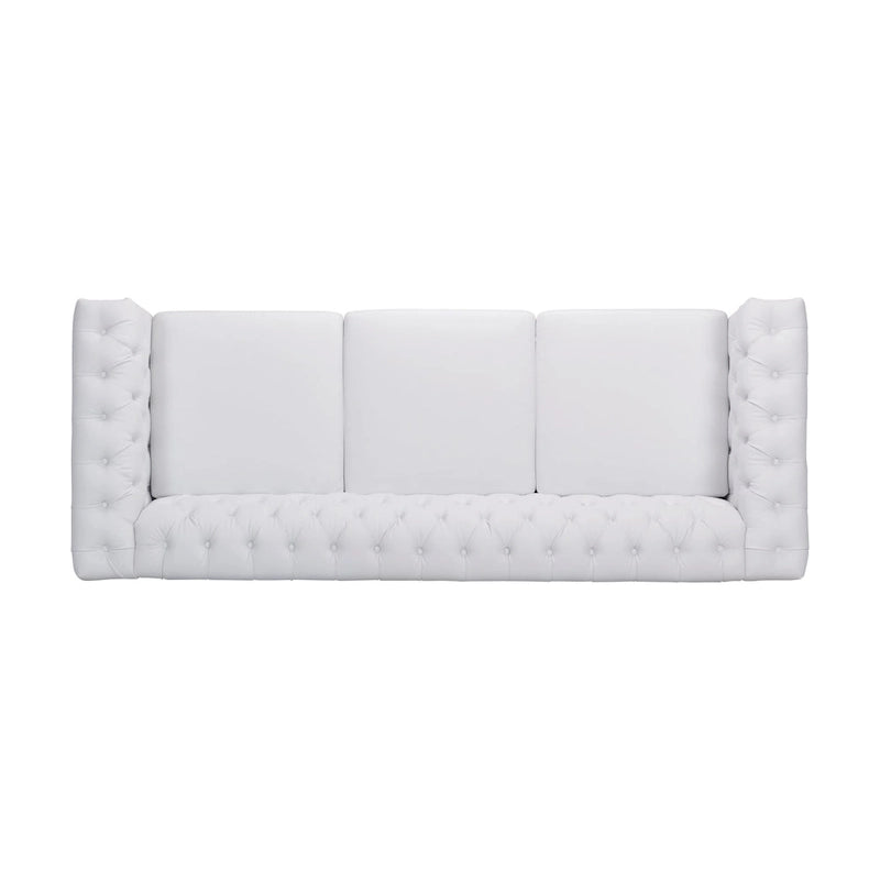 Divano a 3 posti Chesterfield imbottito in velluto bianco da 83 pollici con bottoni, borchie e gambe in legno