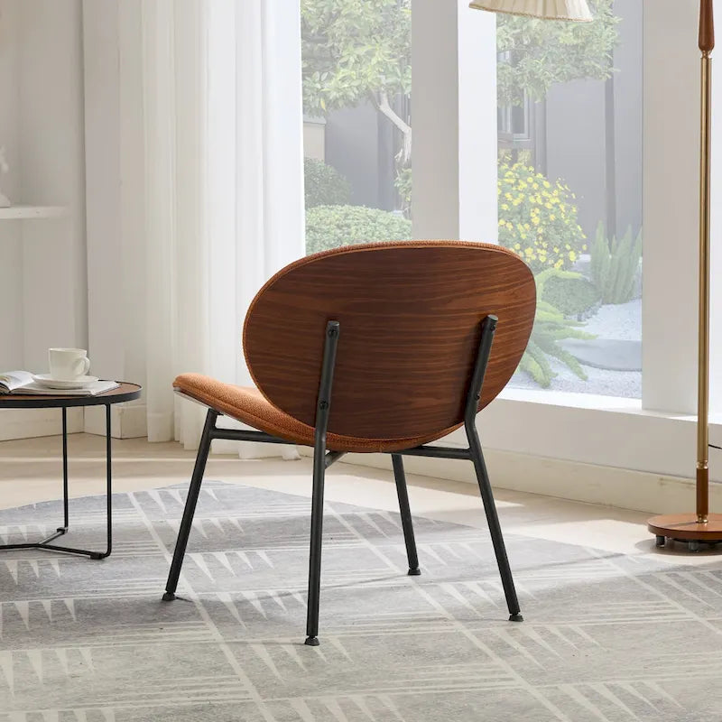 Sedia singola Mid-Century Modern Shell Tripod, sedia lounge in tessuto arancione con finitura noce e schienale confortevole