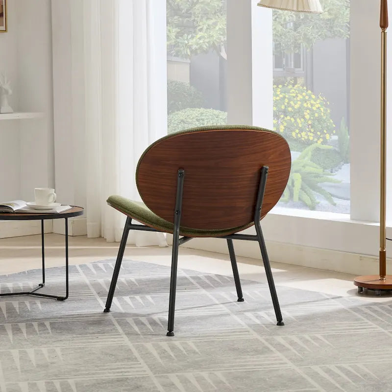Sedia singola Mid-Century Modern Shell Tripod, sedia lounge in tessuto arancione con finitura noce e schienale confortevole