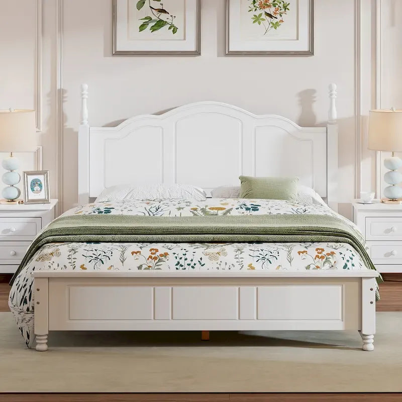 Letto matrimoniale in stile retrò con piattaforma, struttura del letto con piattaforma in legno con solido supporto a doghe in legno e testiera curva