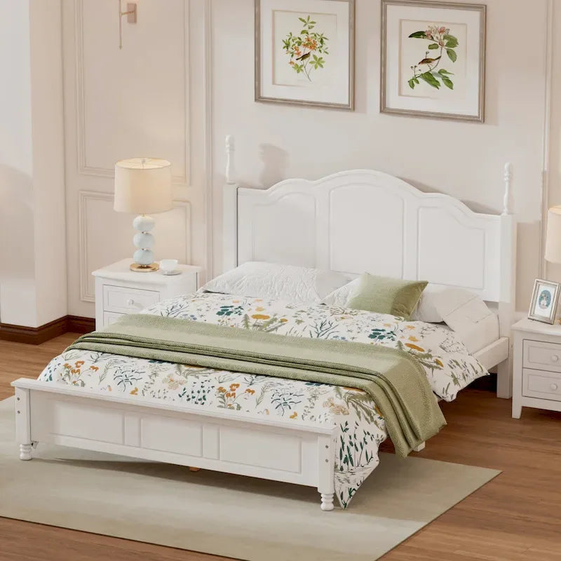 Letto matrimoniale in stile retrò con piattaforma, struttura del letto con piattaforma in legno con solido supporto a doghe in legno e testiera curva