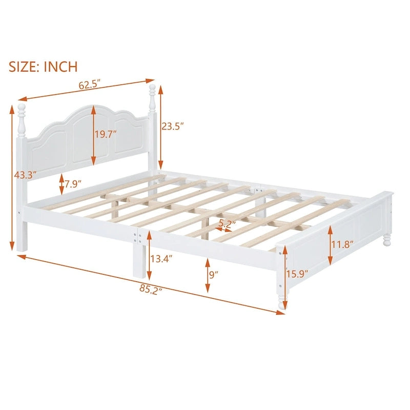 Letto matrimoniale in stile retrò con piattaforma, struttura del letto con piattaforma in legno con solido supporto a doghe in legno e testiera curva
