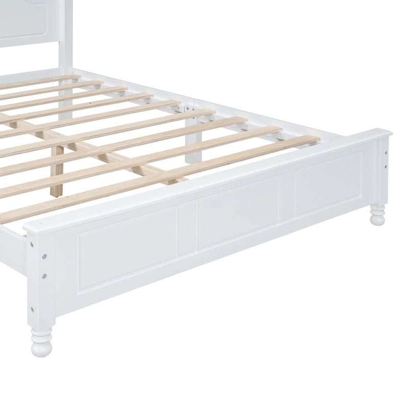 Letto matrimoniale in stile retrò con piattaforma, struttura del letto con piattaforma in legno con solido supporto a doghe in legno e testiera curva
