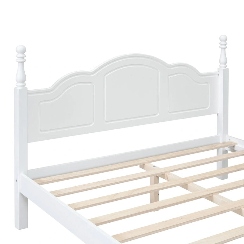Letto matrimoniale in stile retrò con piattaforma, struttura del letto con piattaforma in legno con solido supporto a doghe in legno e testiera curva