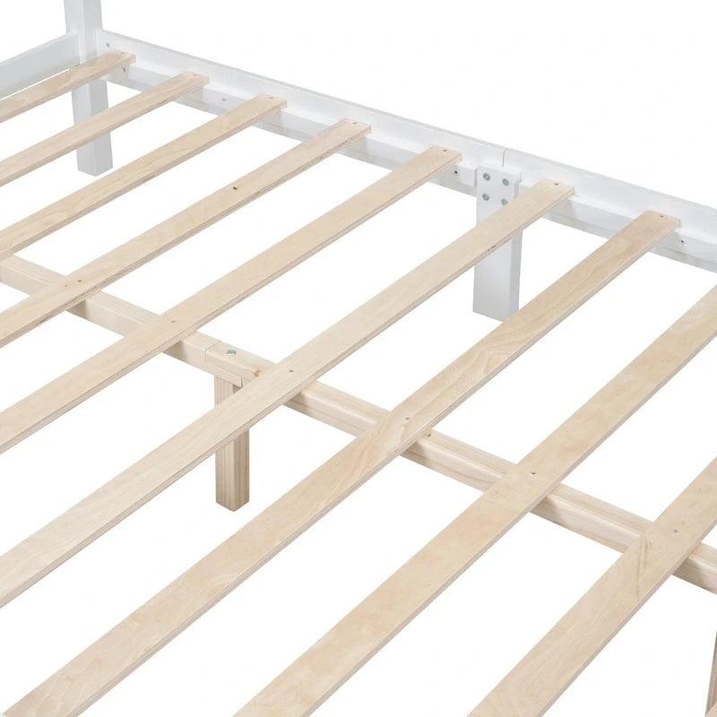 Letto matrimoniale in stile retrò con piattaforma, struttura del letto con piattaforma in legno con solido supporto a doghe in legno e testiera curva