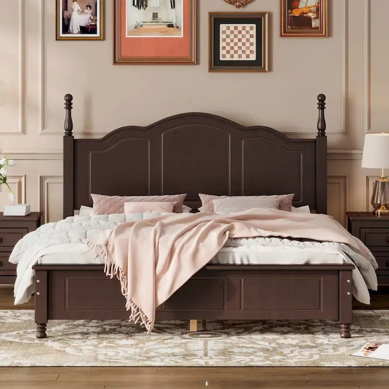 Letto matrimoniale in stile retrò con piattaforma, struttura del letto con piattaforma in legno con solido supporto a doghe in legno e testiera curva