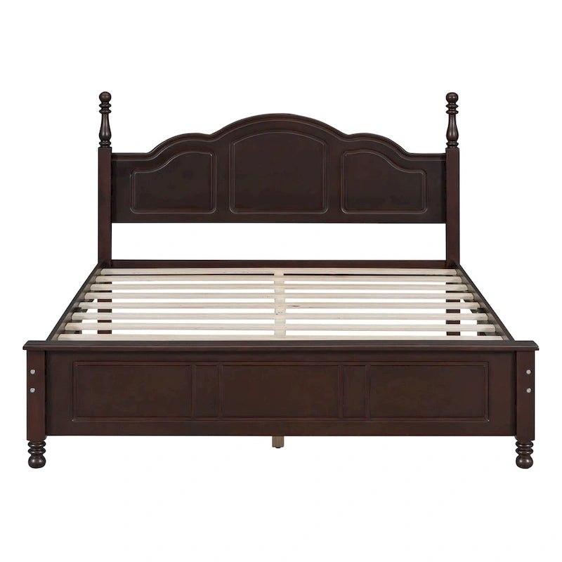 Letto matrimoniale in stile retrò con piattaforma, struttura del letto con piattaforma in legno con solido supporto a doghe in legno e testiera curva