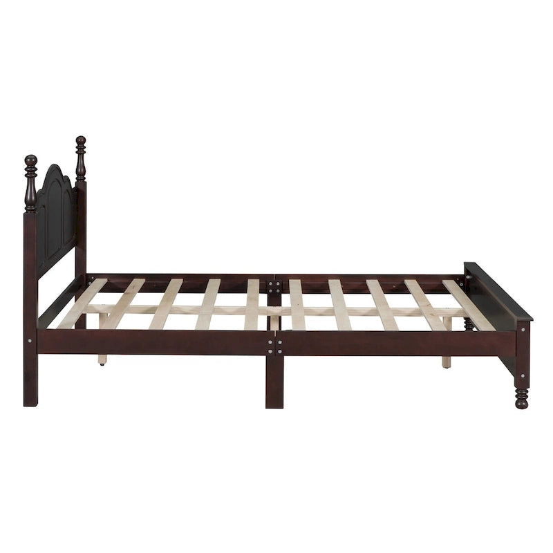 Letto matrimoniale in stile retrò con piattaforma, struttura del letto con piattaforma in legno con solido supporto a doghe in legno e testiera curva