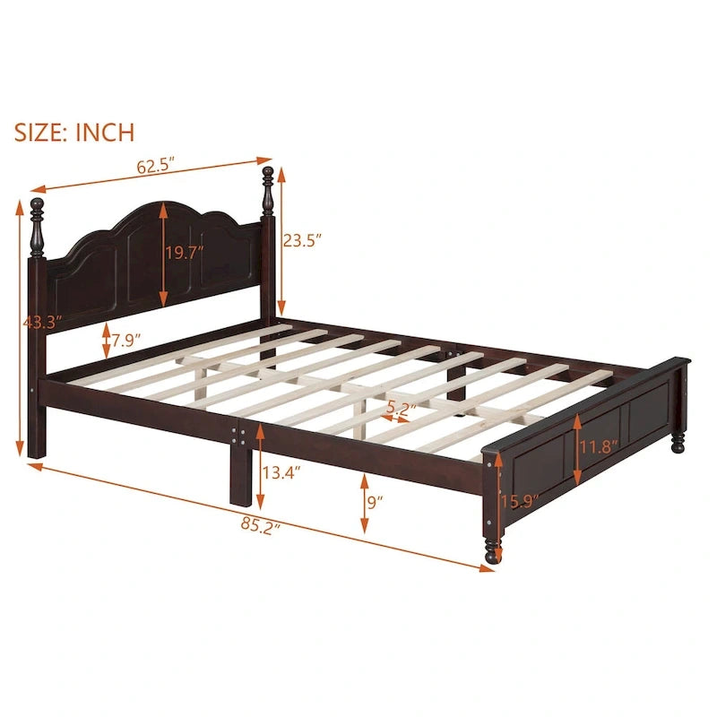 Letto matrimoniale in stile retrò con piattaforma, struttura del letto con piattaforma in legno con solido supporto a doghe in legno e testiera curva