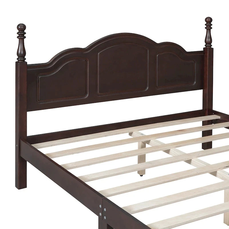Letto matrimoniale in stile retrò con piattaforma, struttura del letto con piattaforma in legno con solido supporto a doghe in legno e testiera curva