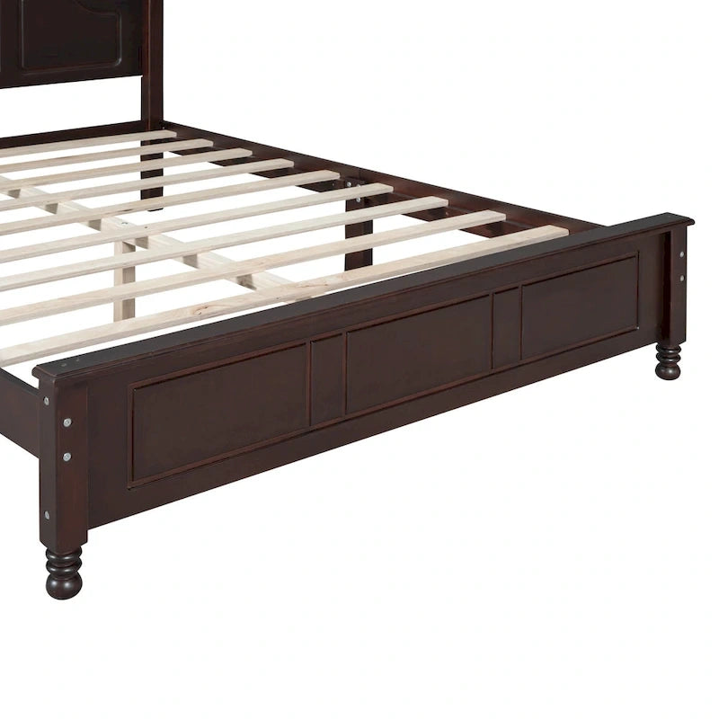 Letto matrimoniale in stile retrò con piattaforma, struttura del letto con piattaforma in legno con solido supporto a doghe in legno e testiera curva