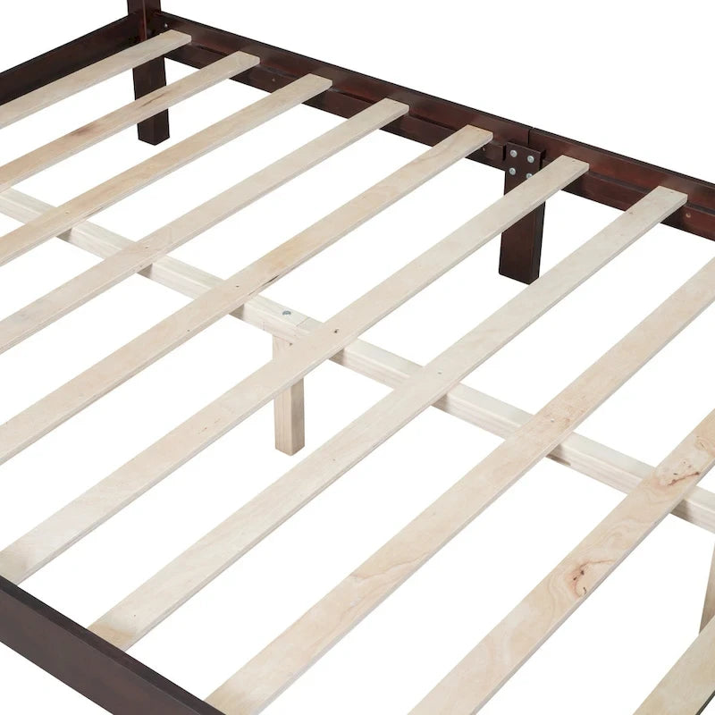 Letto matrimoniale in stile retrò con piattaforma, struttura del letto con piattaforma in legno con solido supporto a doghe in legno e testiera curva