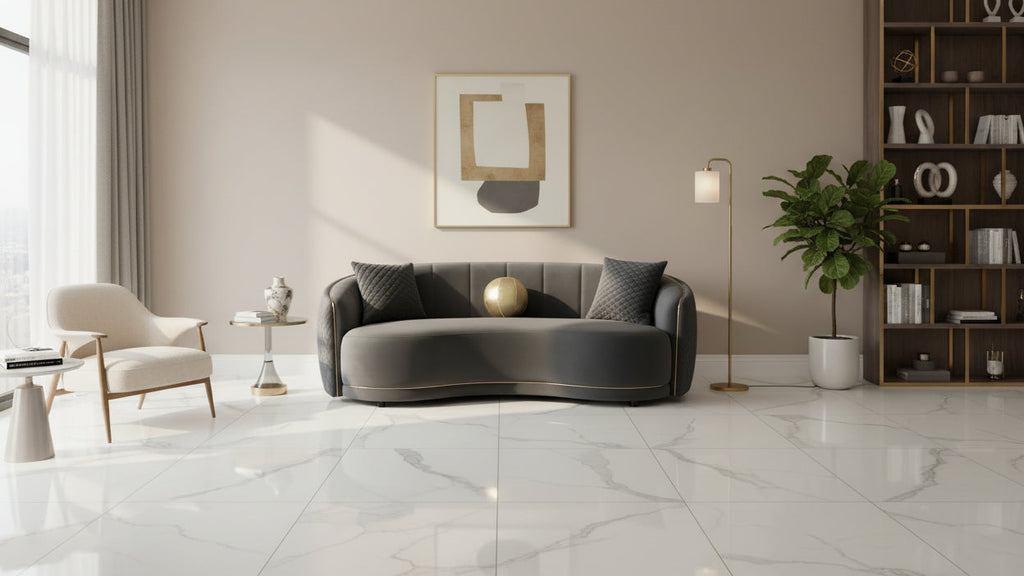 Divano Curvo, 233 cm, Poliestere Grigio Scuro, Rifiniture Oro, 3 Cuscini