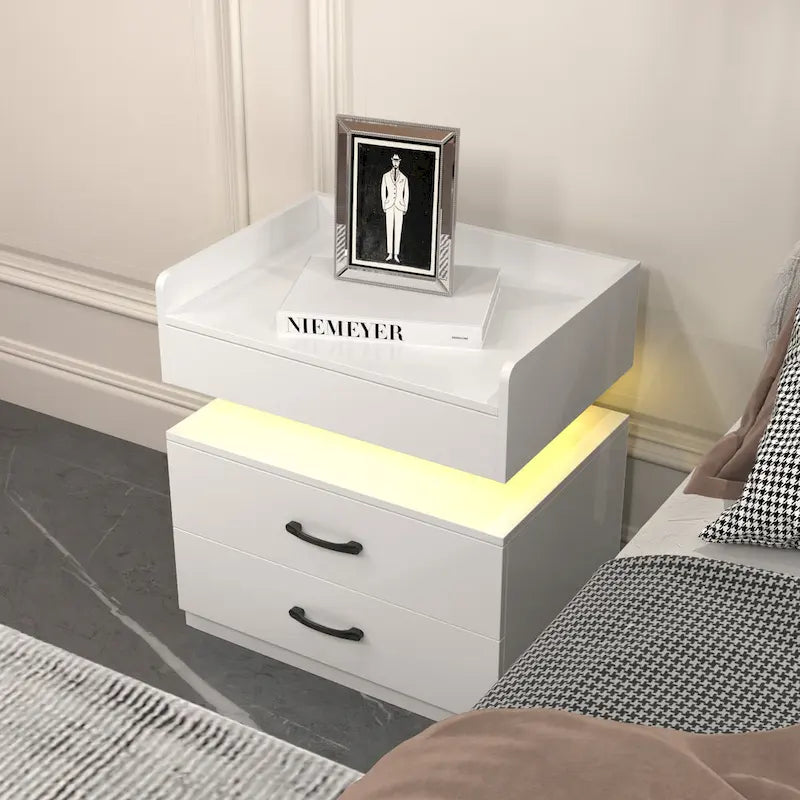 Comodino Intelligente con Striscia Luminosa a LED Regolabile, Mobile Contenitore con 2 Cassetti, Tavolino da Divano, Tavolino da Caffè