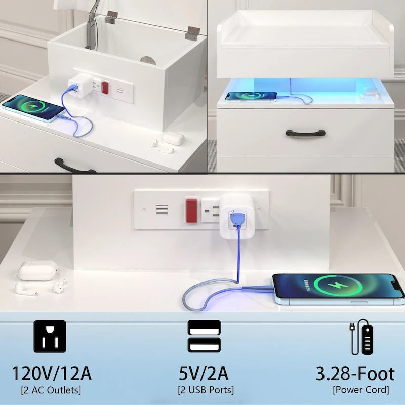 Comodino Intelligente con Striscia Luminosa a LED Regolabile, Mobile Contenitore con 2 Cassetti, Tavolino da Divano, Tavolino da Caffè