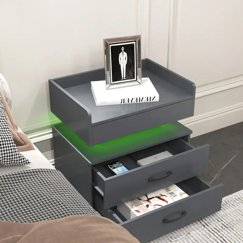 Comodino Intelligente con Striscia Luminosa a LED Regolabile, Mobile Contenitore con 2 Cassetti, Tavolino da Divano, Tavolino da Caffè