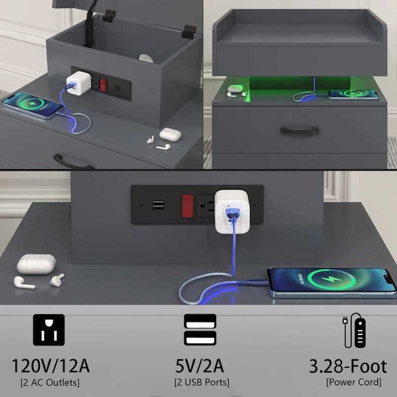 Comodino Intelligente con Striscia Luminosa a LED Regolabile, Mobile Contenitore con 2 Cassetti, Tavolino da Divano, Tavolino da Caffè