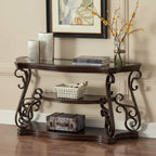 Dark Brown Glass Tabletop Entryway Sofa Table with Shelf