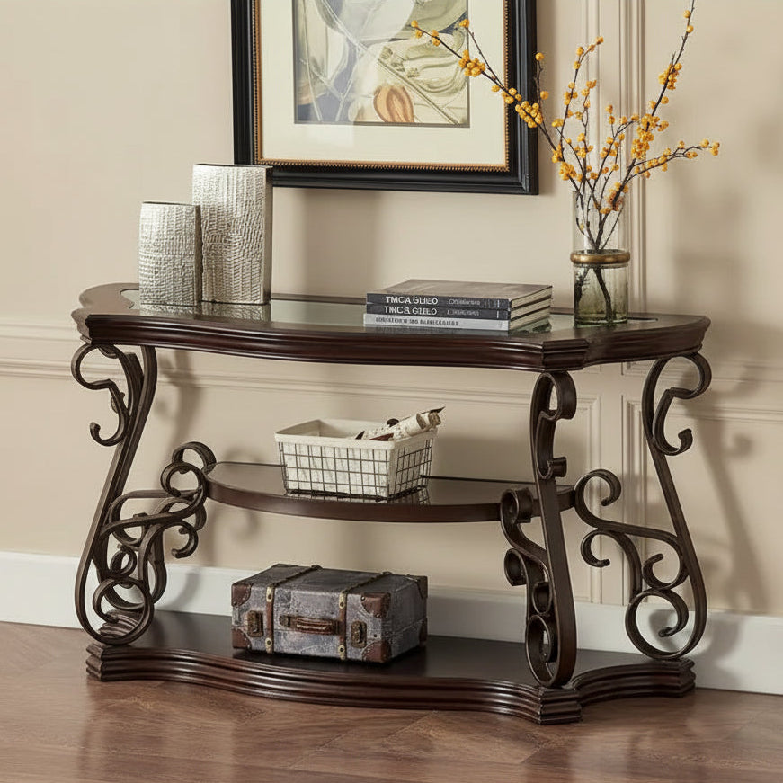 Dark Brown Glass Tabletop Entryway Sofa Table with Shelf
