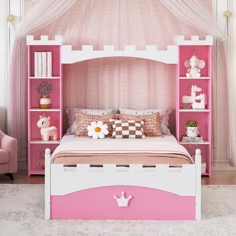 Letto a piattaforma a forma di castello in legno di dimensioni singole con ripiano portaoggetti per la cameretta dei bambini