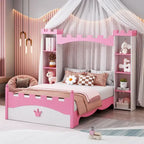 Letto a piattaforma a forma di castello in legno di dimensioni singole con ripiano portaoggetti per la cameretta dei bambini