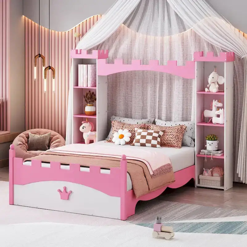 Letto a piattaforma a forma di castello in legno di dimensioni singole con ripiano portaoggetti per la cameretta dei bambini