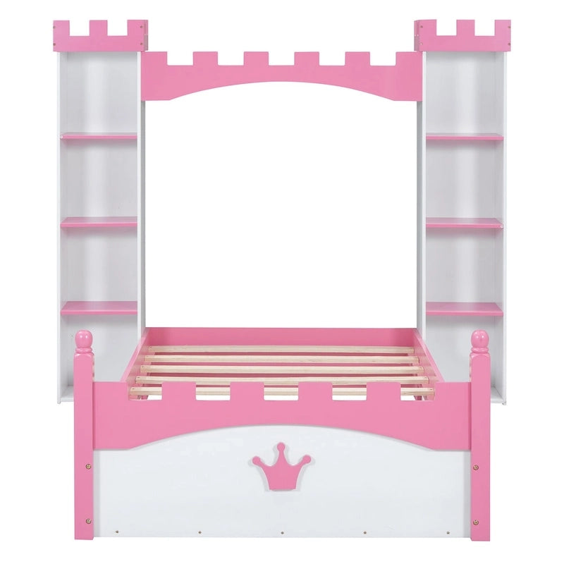 Letto a piattaforma a forma di castello in legno di dimensioni singole con ripiano portaoggetti per la cameretta dei bambini