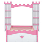 Letto a piattaforma a forma di castello in legno di dimensioni singole con ripiano portaoggetti per la cameretta dei bambini