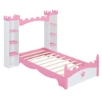 Letto a piattaforma a forma di castello in legno di dimensioni singole con ripiano portaoggetti per la cameretta dei bambini