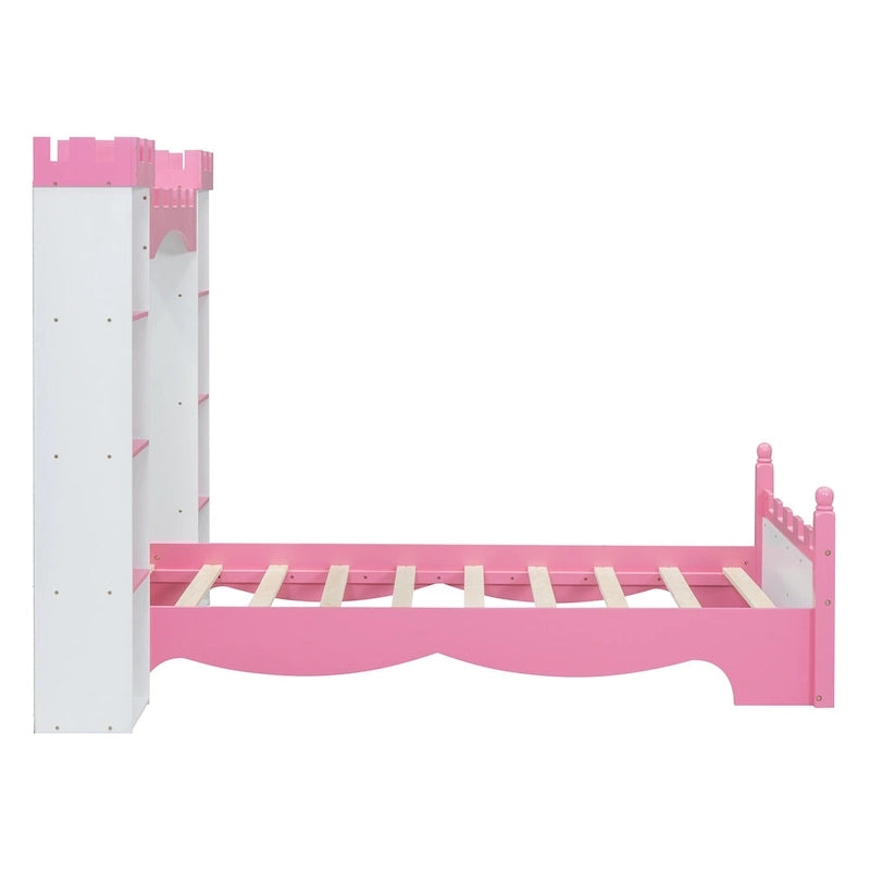 Letto a piattaforma a forma di castello in legno di dimensioni singole con ripiano portaoggetti per la cameretta dei bambini