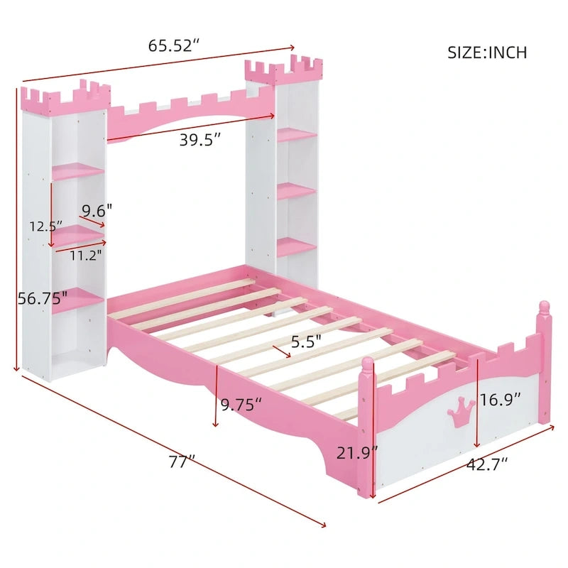Letto a piattaforma a forma di castello in legno di dimensioni singole con ripiano portaoggetti per la cameretta dei bambini