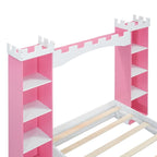 Letto a piattaforma a forma di castello in legno di dimensioni singole con ripiano portaoggetti per la cameretta dei bambini