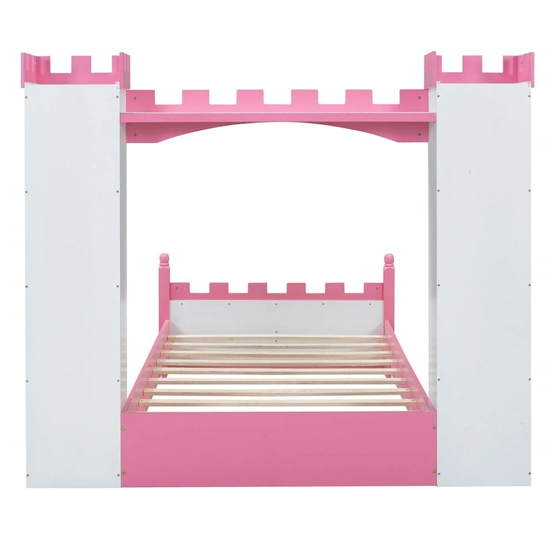 Letto a piattaforma a forma di castello in legno di dimensioni singole con ripiano portaoggetti per la cameretta dei bambini