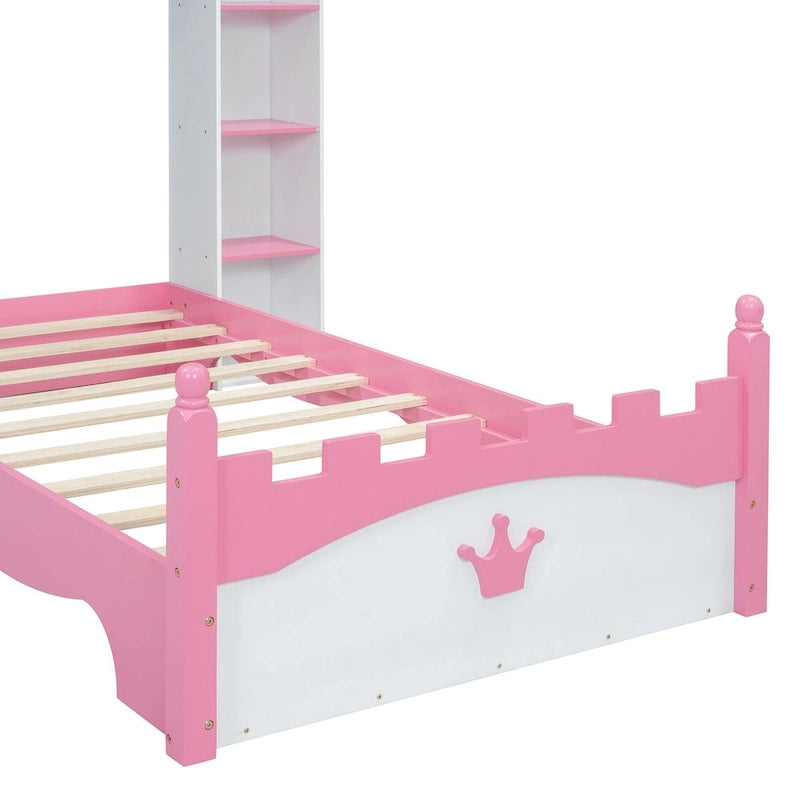 Letto a piattaforma a forma di castello in legno di dimensioni singole con ripiano portaoggetti per la cameretta dei bambini