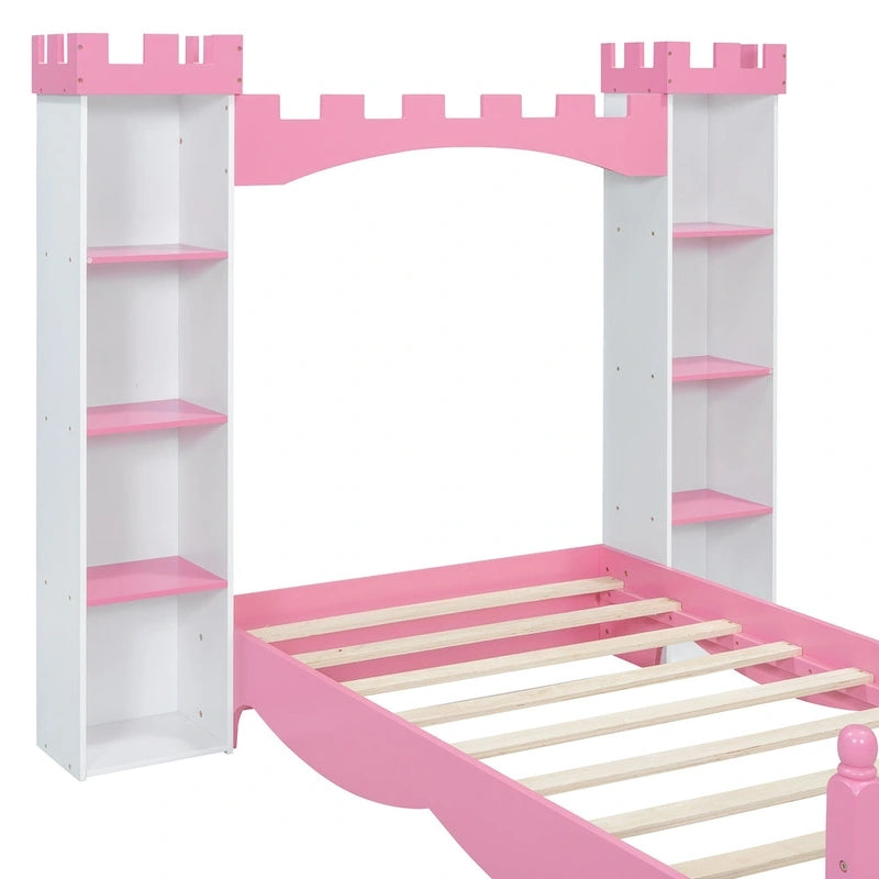 Letto a piattaforma a forma di castello in legno di dimensioni singole con ripiano portaoggetti per la cameretta dei bambini