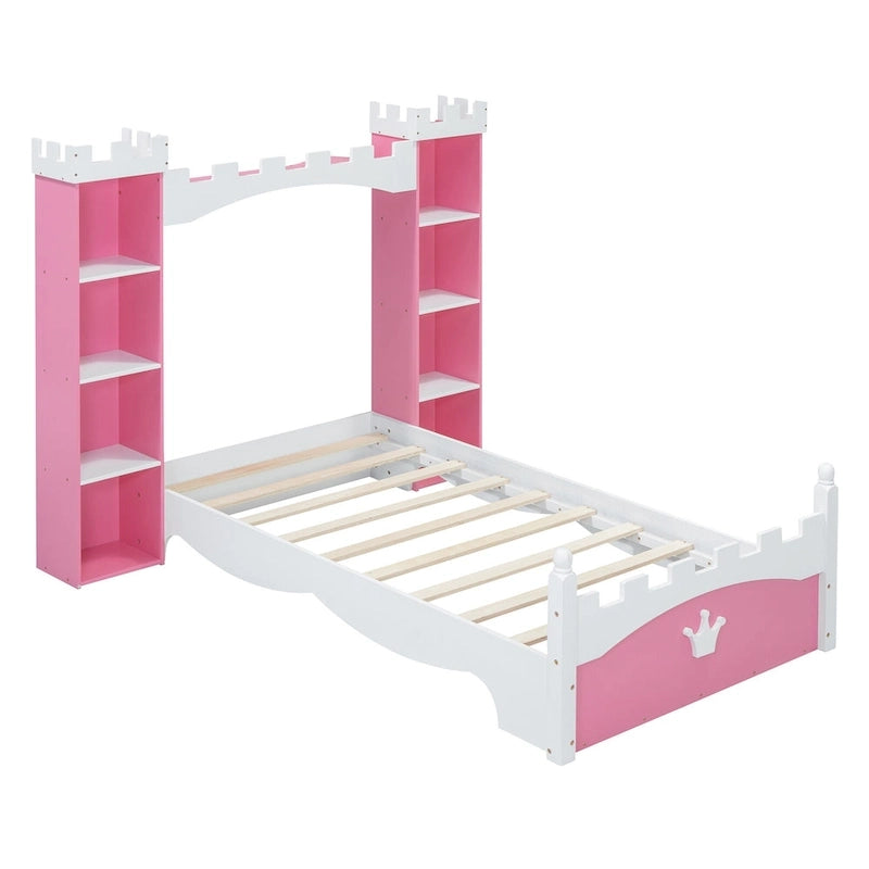 Letto a piattaforma a forma di castello in legno di dimensioni singole con ripiano portaoggetti per la cameretta dei bambini