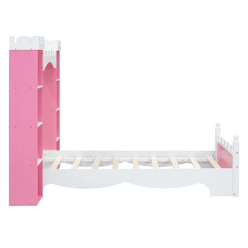 Letto a piattaforma a forma di castello in legno di dimensioni singole con ripiano portaoggetti per la cameretta dei bambini