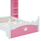 Letto a piattaforma a forma di castello in legno di dimensioni singole con ripiano portaoggetti per la cameretta dei bambini