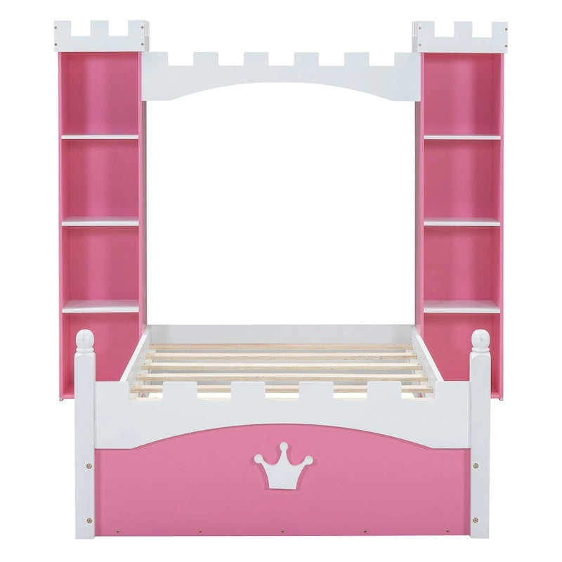 Letto a piattaforma a forma di castello in legno di dimensioni singole con ripiano portaoggetti per la cameretta dei bambini