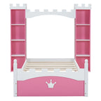 Letto a piattaforma a forma di castello in legno di dimensioni singole con ripiano portaoggetti per la cameretta dei bambini