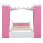 Letto a piattaforma a forma di castello in legno di dimensioni singole con ripiano portaoggetti per la cameretta dei bambini