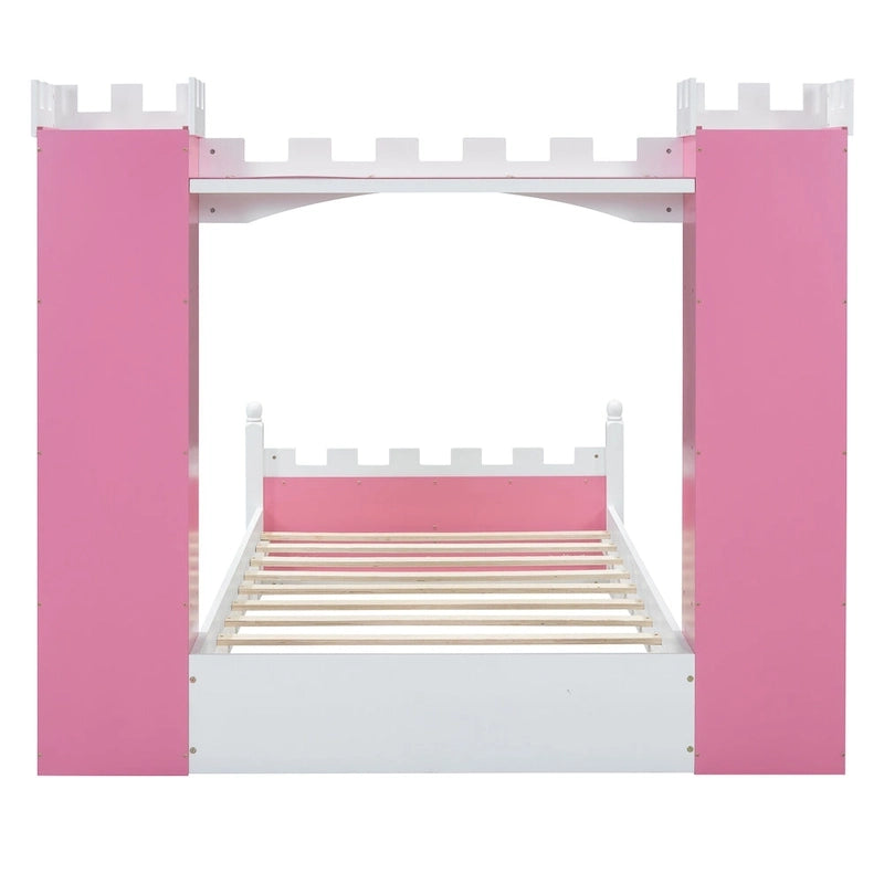Letto a piattaforma a forma di castello in legno di dimensioni singole con ripiano portaoggetti per la cameretta dei bambini