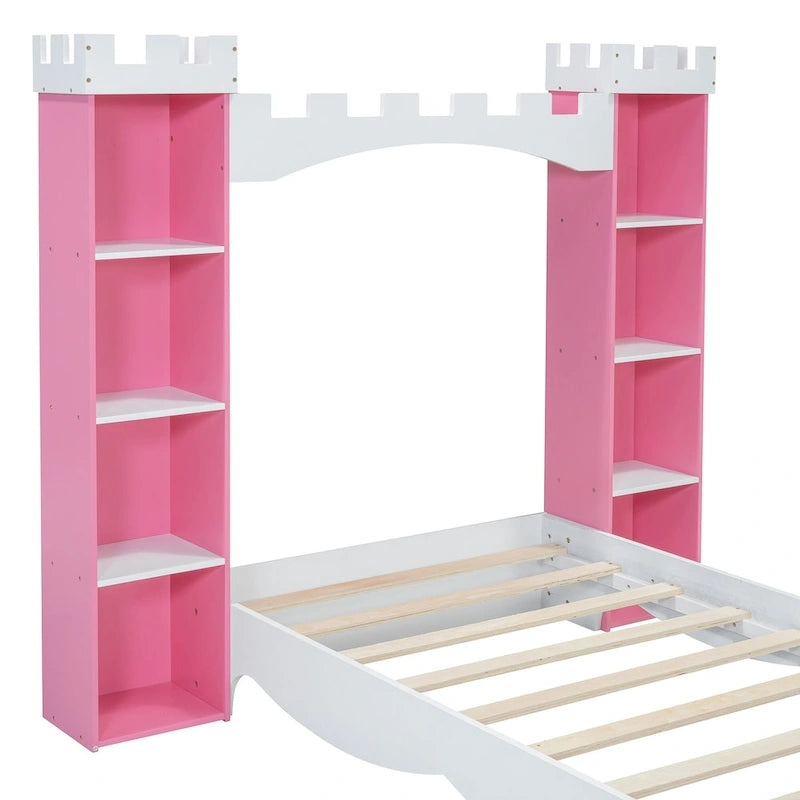 Letto a piattaforma a forma di castello in legno di dimensioni singole con ripiano portaoggetti per la cameretta dei bambini