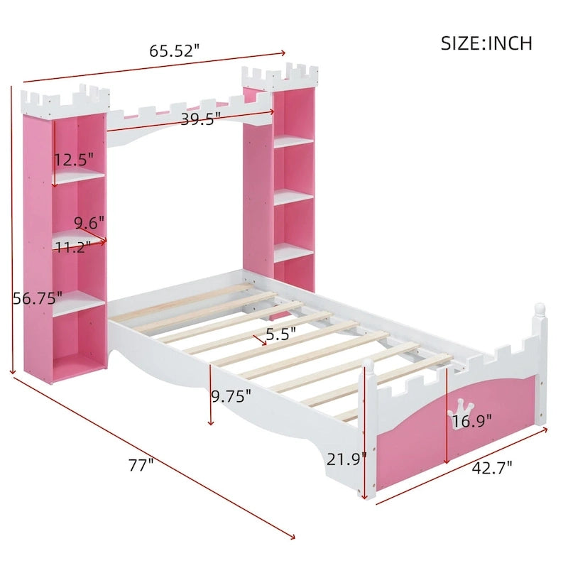 Letto a piattaforma a forma di castello in legno di dimensioni singole con ripiano portaoggetti per la cameretta dei bambini