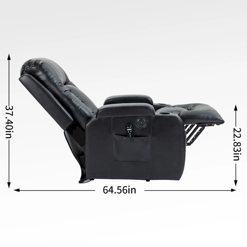 Poltrona reclinabile elettrica nera per anziani con massaggio a vibrazione, riscaldamento lombare, porta USB e portabicchieri