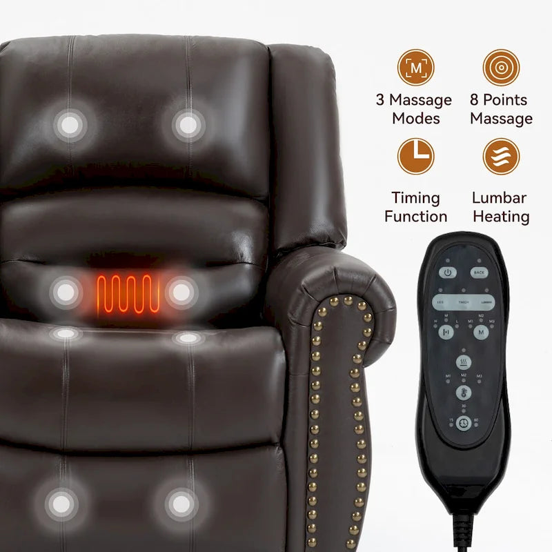 Poltrona Reclinabile Marrone in Vera Pelle con Sollevatore Elettrico, Riscaldamento, Massaggio e Porte USB