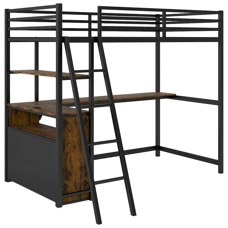 Letto a soppalco nero in metallo e legno, matrimoniale, con scrivania, cassetti e USB