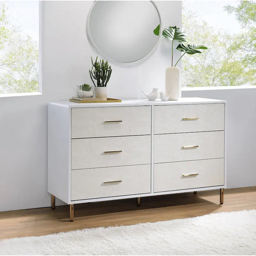 6-Drawer Solid Wood Double Dresser, Storage Cabinet with Slatted Drawer Fronts with Metal Handle, Bedroom Clothing Storage