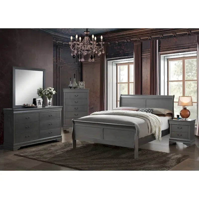 Letto a slitta contemporaneo in legno massello grigio