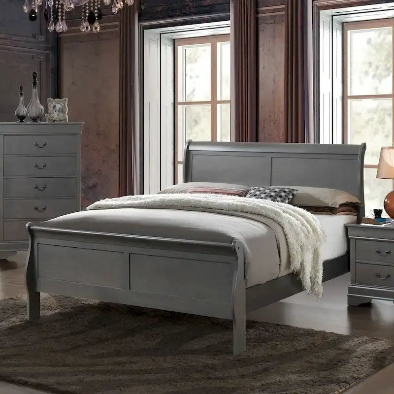 Letto a slitta contemporaneo in legno massello grigio